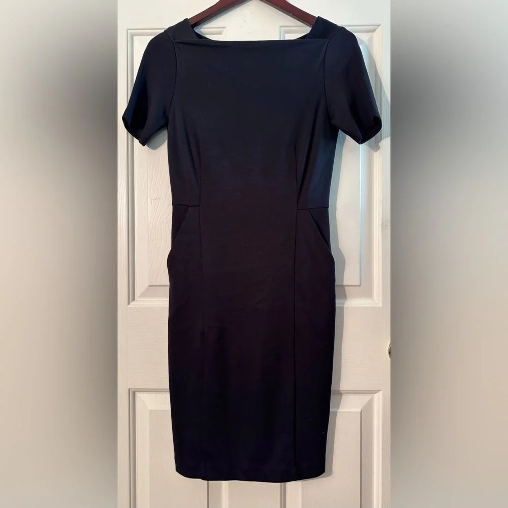 NWT COS XS Navy BLUE Square Neck Short Sleeve Knee Length Back Zip Midi Sheath